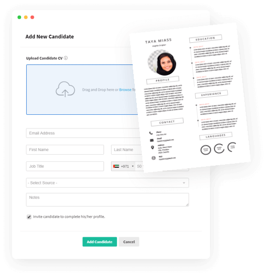 Talentera candidate interface to upload CV